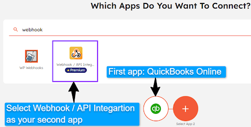 Select apps to connect QuickBooks Online using Webhook