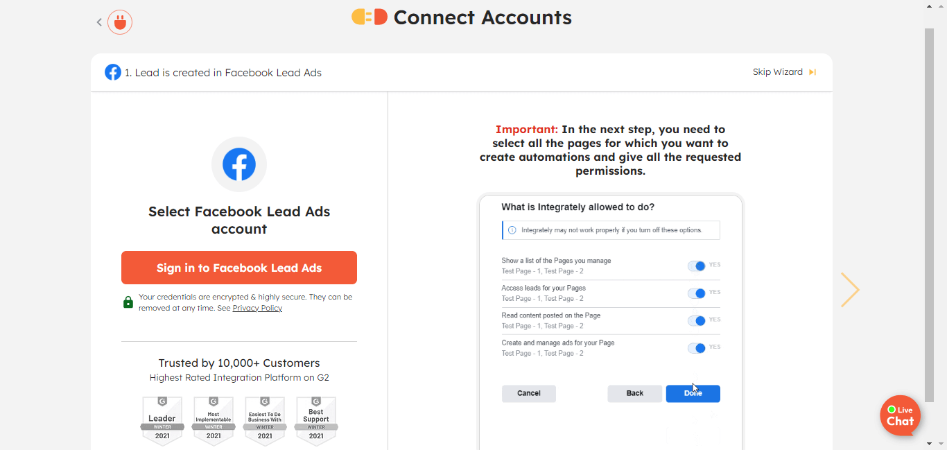 Securely connect your Facebook Lead Ads account with Integrately