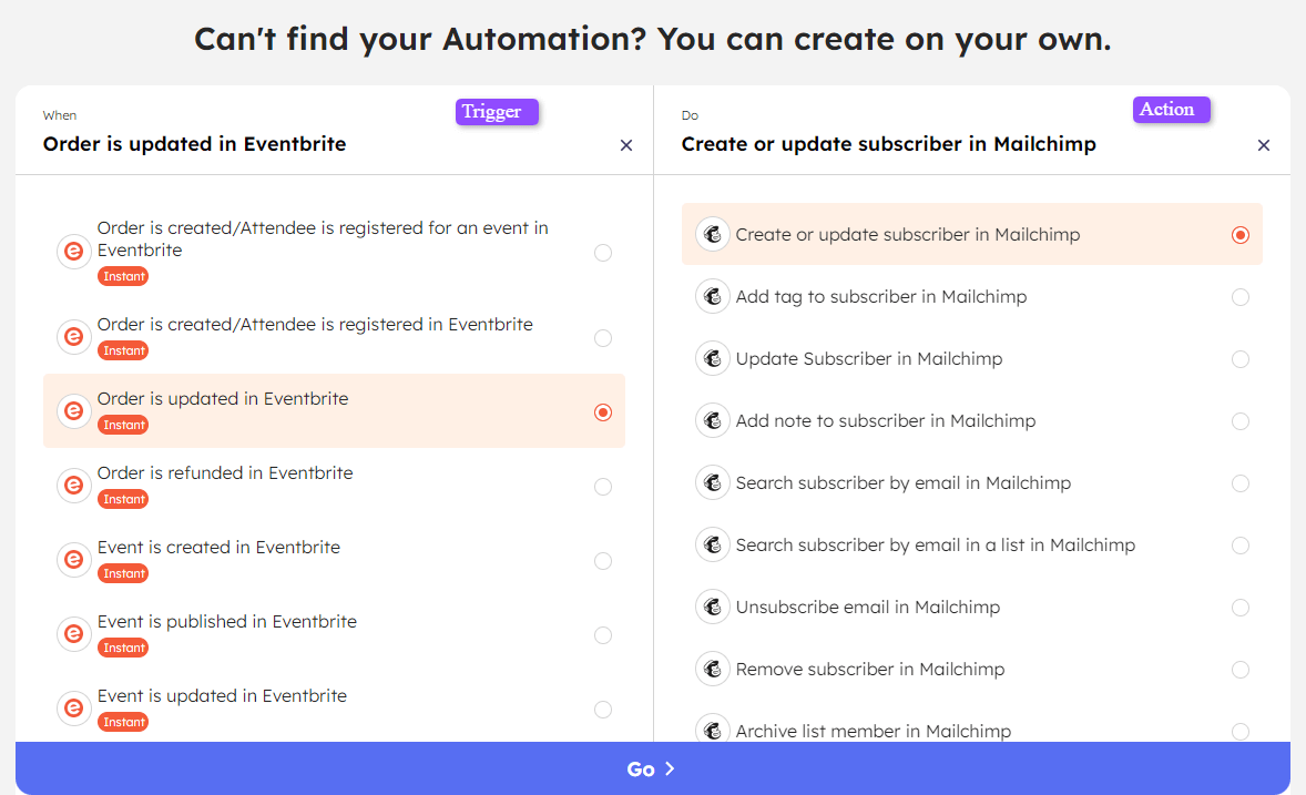 Trigger and Action page of Integrately