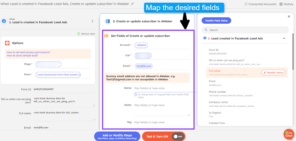 Integrately's field mapping page for Facebook Lead Ads + AWeber integration.