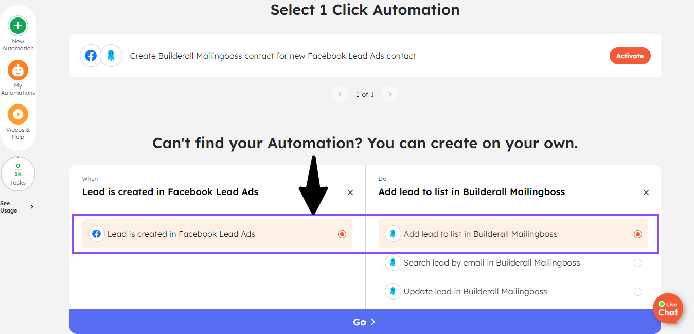 Choose custom trigger and action for Facebook Lead Ads + Builderall Mailingboss integration