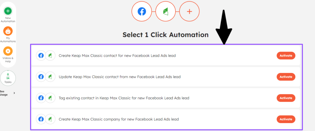 List of popular 1-click automations for Facebook Lead Ads + Keap Max Classic integration
