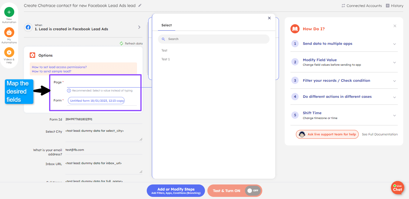 Map the desired fields for Facebook Lead Ads + Chatrace integration
