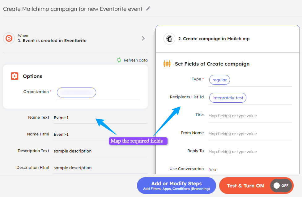 Integrately's field mapping page.