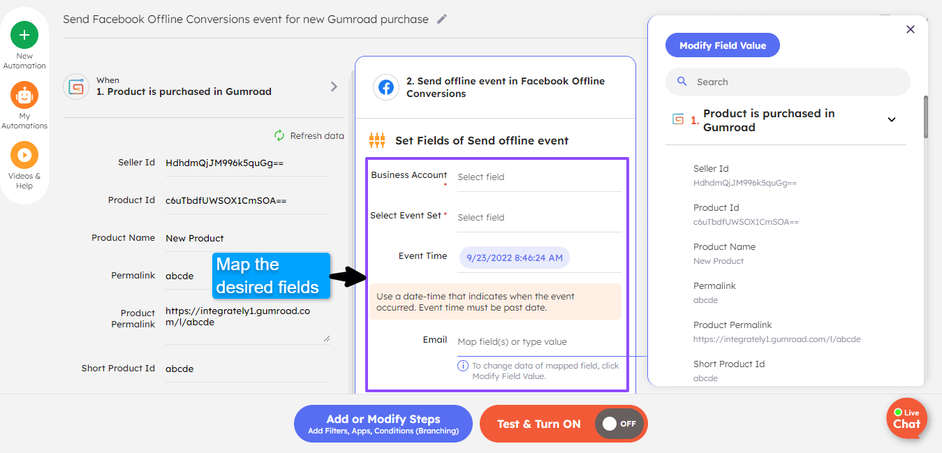 Map the fields for Gumroad & Facebook Offline Conversions integration