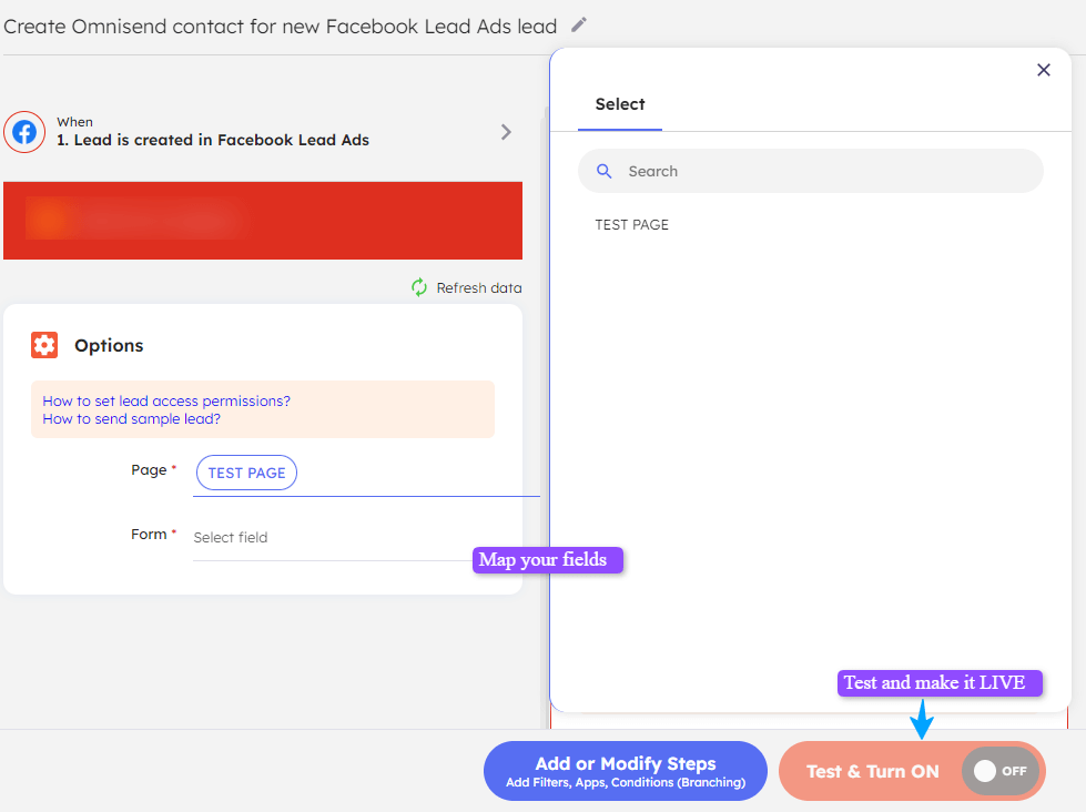 Mapping of fields for Facebook Lead Ads + Omnisend integration
