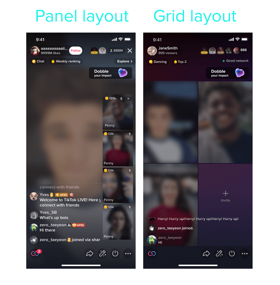 Multi-Guest on TikTok Live in Panel and Grid Layout.