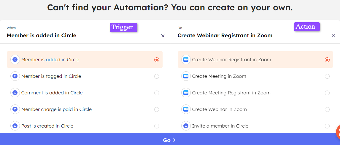 Intgerately's Trigger and Action list for Zoom + Circle integration.