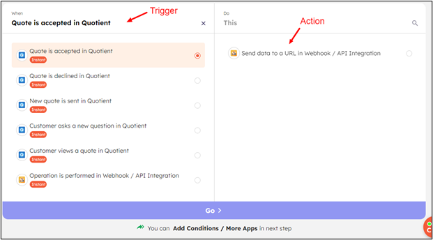 Choosing Trigger and Action for custom automation in Integrately for Quotient.