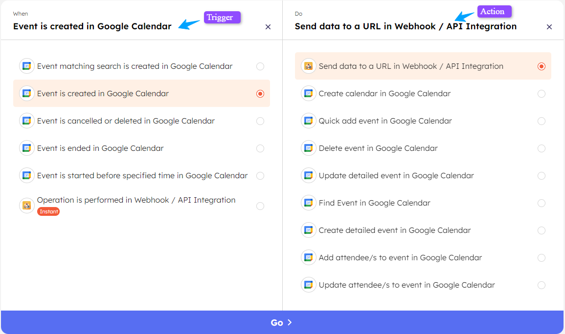 Trigger and Action selection page of Integrately for Google Calendar.