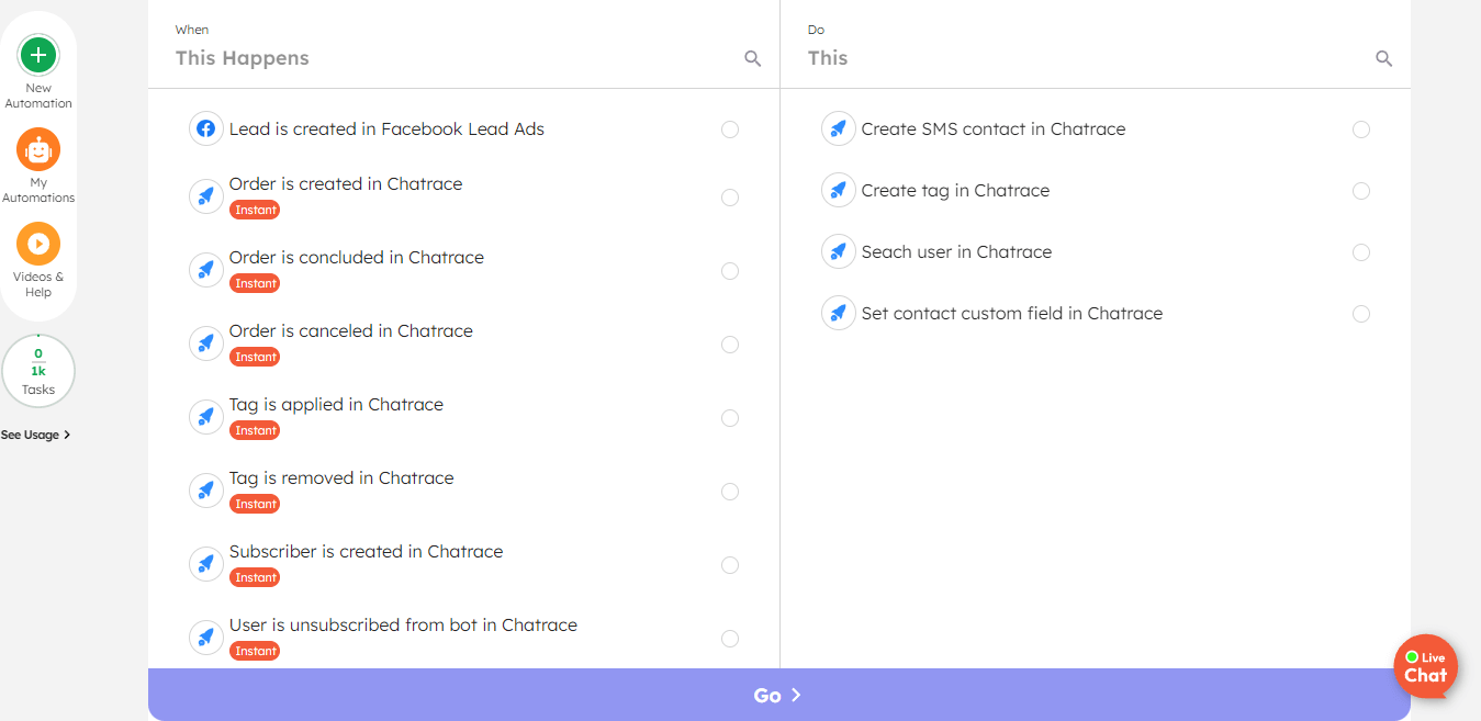 List of triggers and actions to build custom automation for Facebook Lead Ads + Chatrace integration