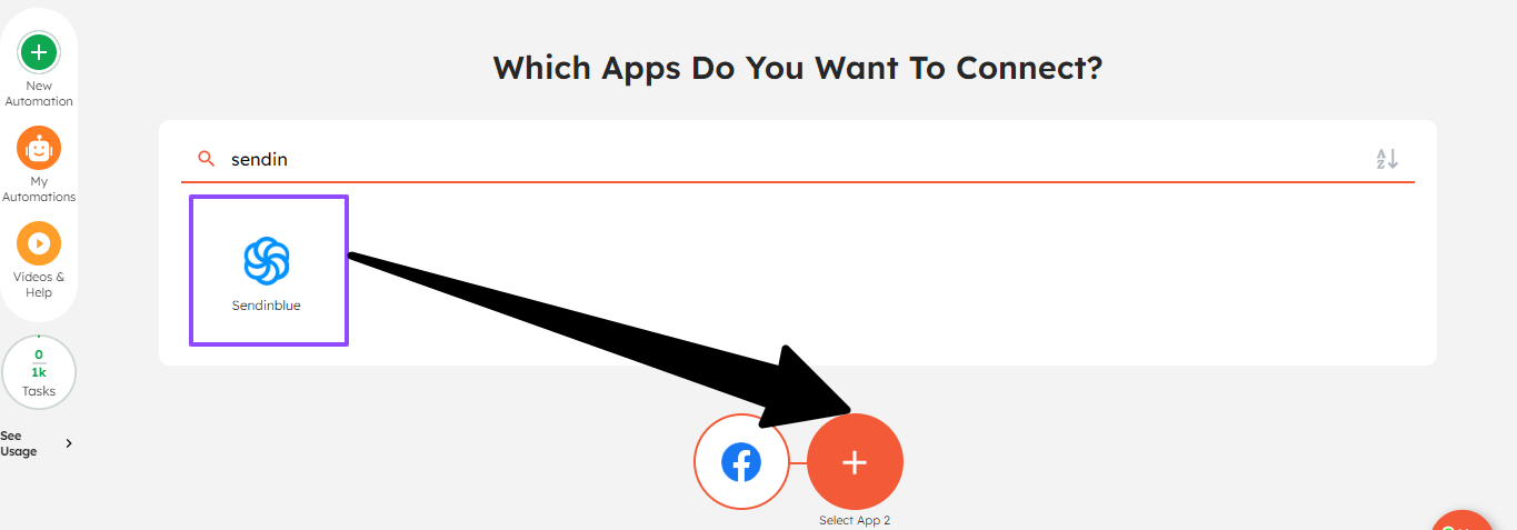 Select your action and trigger app to integrate Facebook Lead Ads & Sendinblue