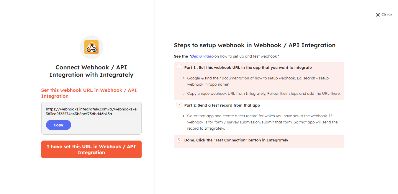 Steps to setup webhook URL to establish a Webhook/API connection in Integrately