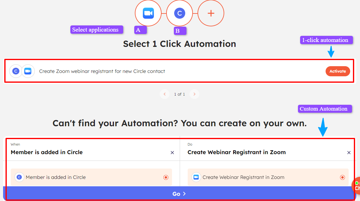 How to connect Zoom + Circle and set up 1-click automation or build custom automations in Integrately