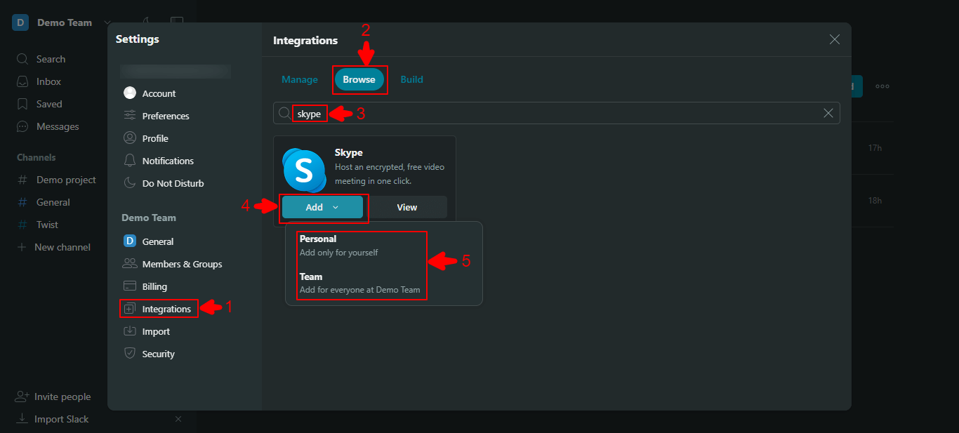 Steps to install Twist native integrations like the inbuilt Skype integration