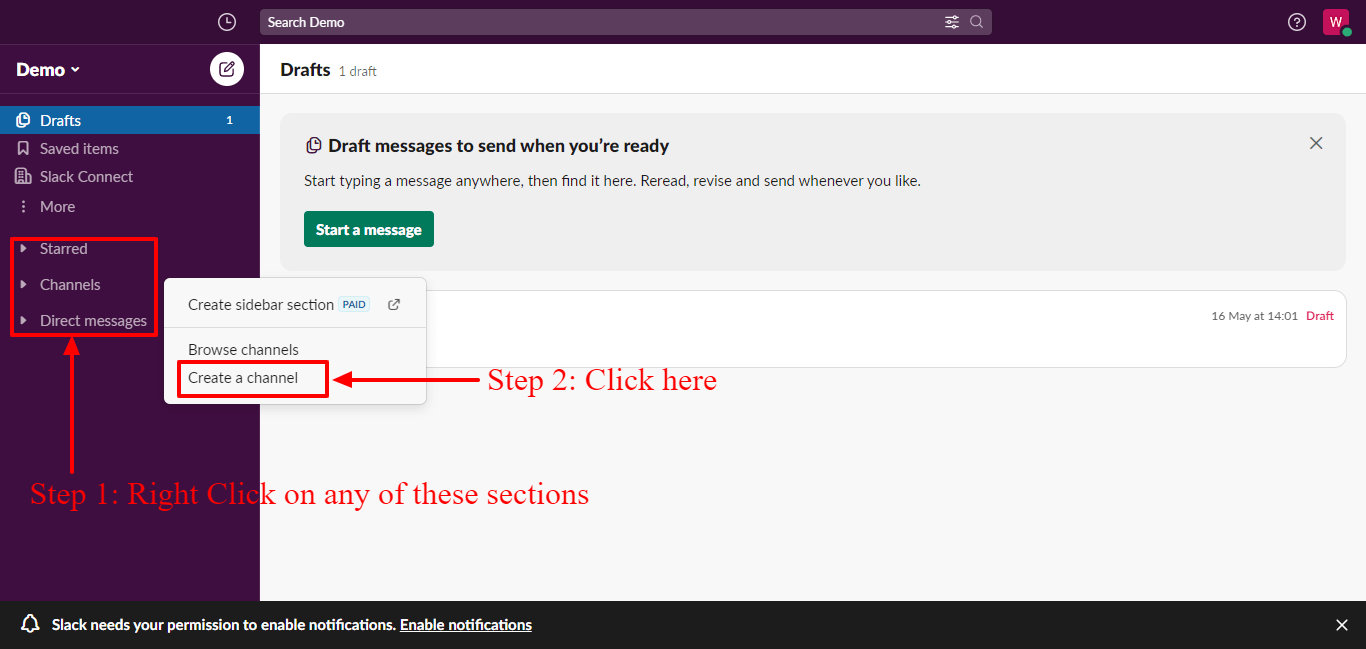 Steps to add a new section in the Slack app