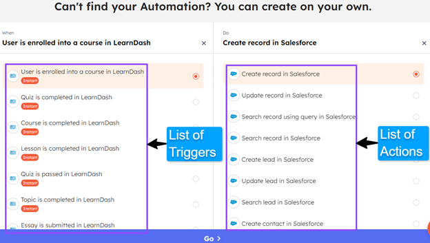 Select LearnDash and Salesforce to connect them using Integrately