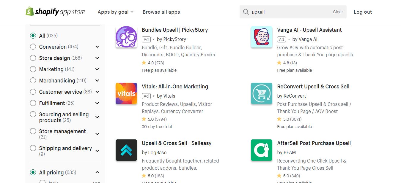 Upselling apps on Shopify App Store