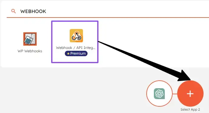 Select ChatGPT and webhook to connect your apps using API/webhook integration