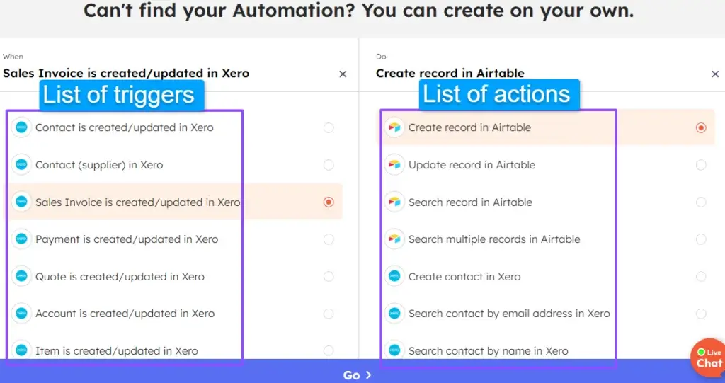 List of triggers and action to create custom automation for Airtable + Xero integration