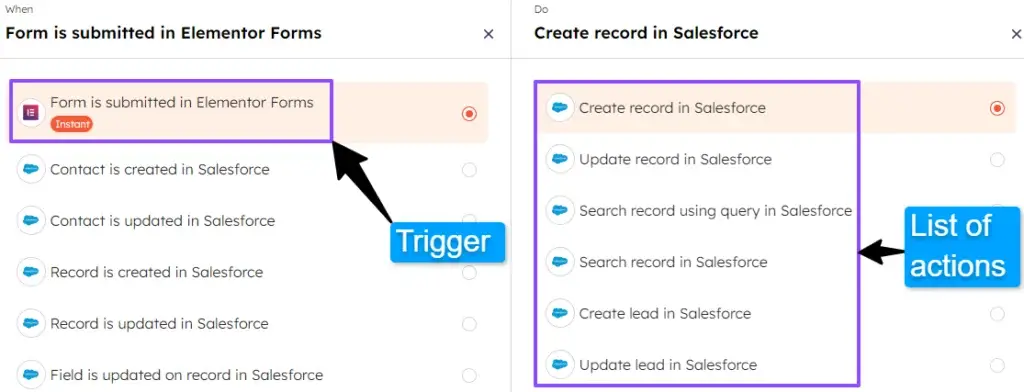 List of triggers and actions to build custom automations for Elementor Forms + Salesforce integrations