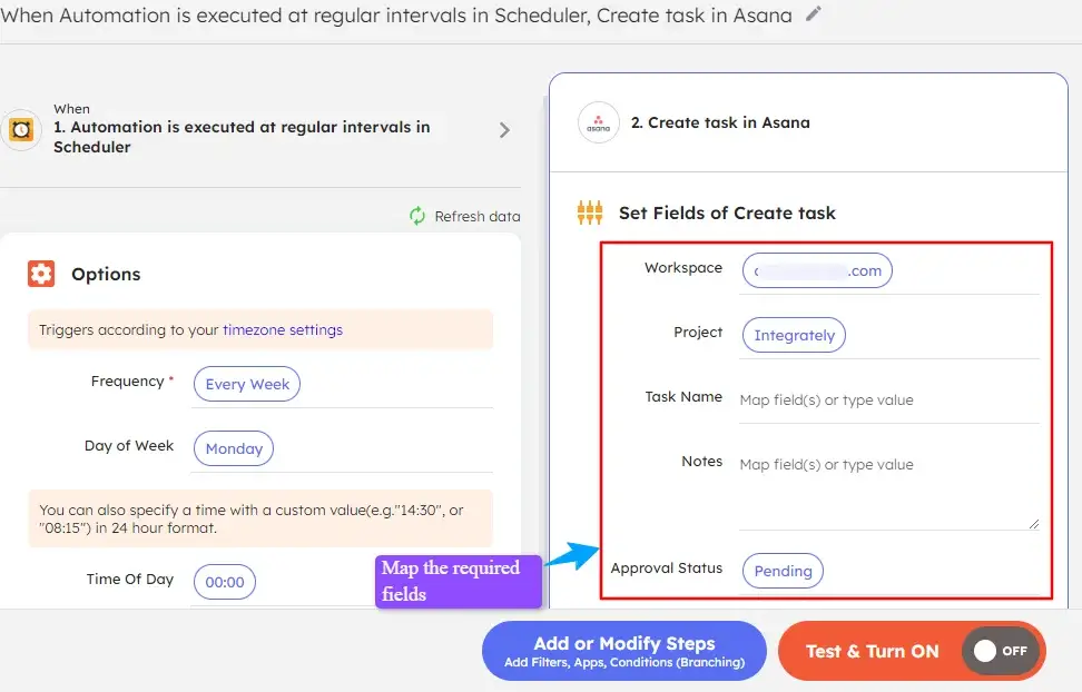 Field mapping page of Integrately
