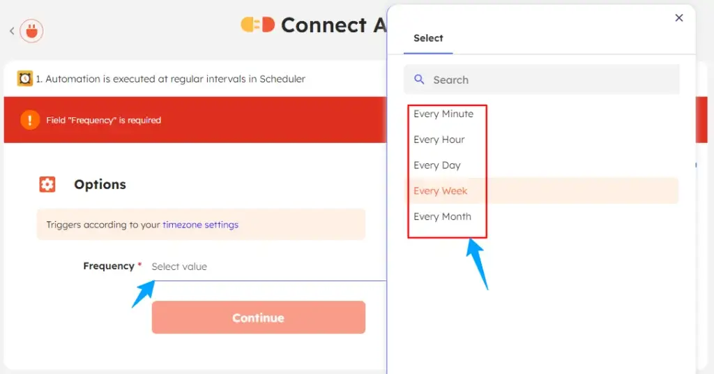 Frequency selection tab of Scheduler in Integrately