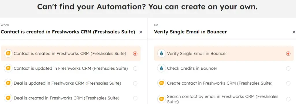 Select desired trigger and action for Freshworks CRM & Bouncer integration