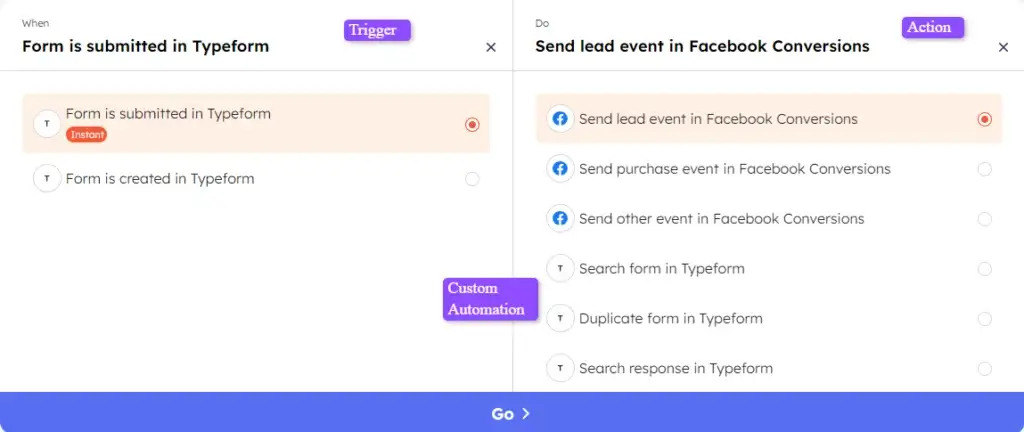 Custom Automation setup for Typeform + Facebook Conversions integration in Integrately