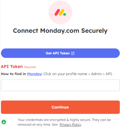 Input the API token to connect Monday.com with Integrately