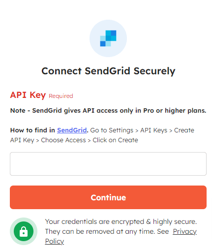 An image prompting to securely connect SendGrid with Integrately