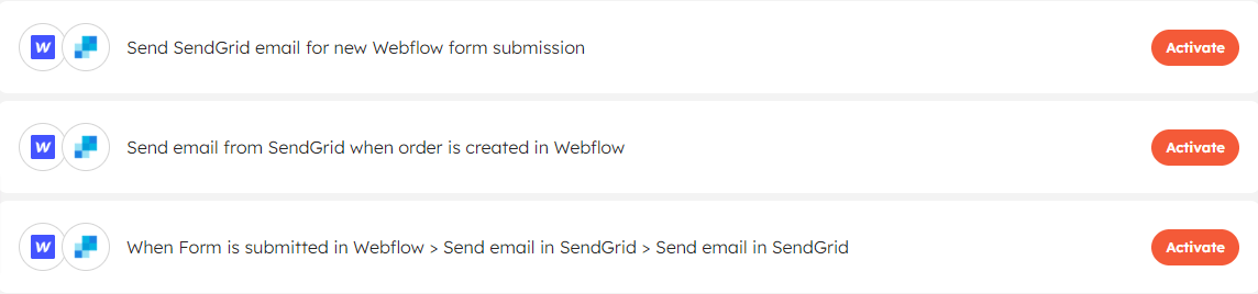 1-click automation page for SendGrid + Webflow in Integrately