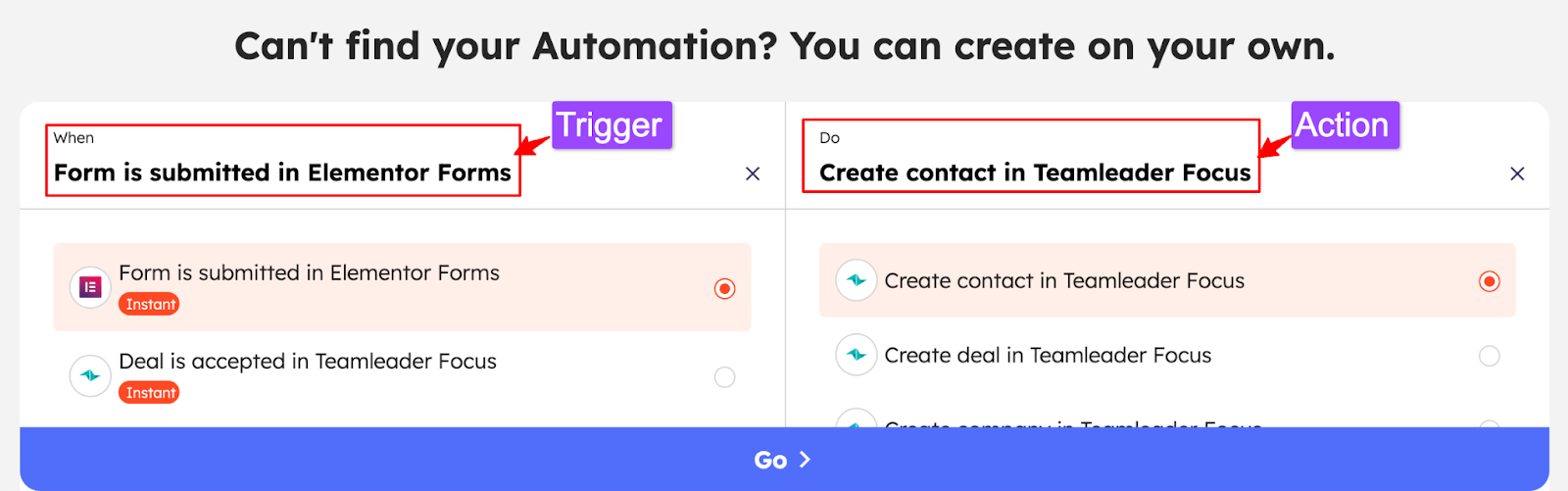 Set up trigger and action for the Elementor Forms + Teamleader Focus integration