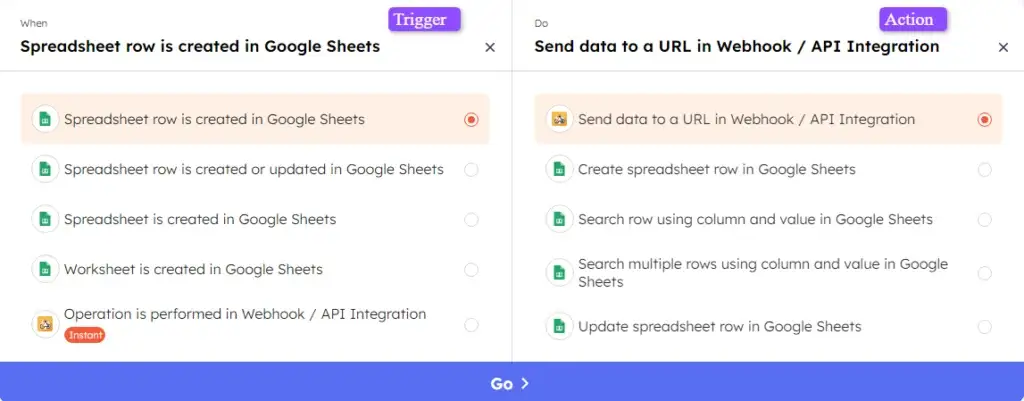 Trigger and Action page for Google Sheets + Webhook in Integrately