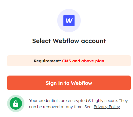 An image prompting to securely connect Webflow with Integrately