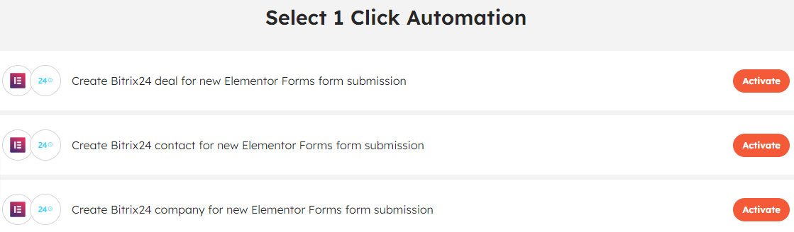 List of 1-click automations for Elementor Forms & Bitrix24 integration