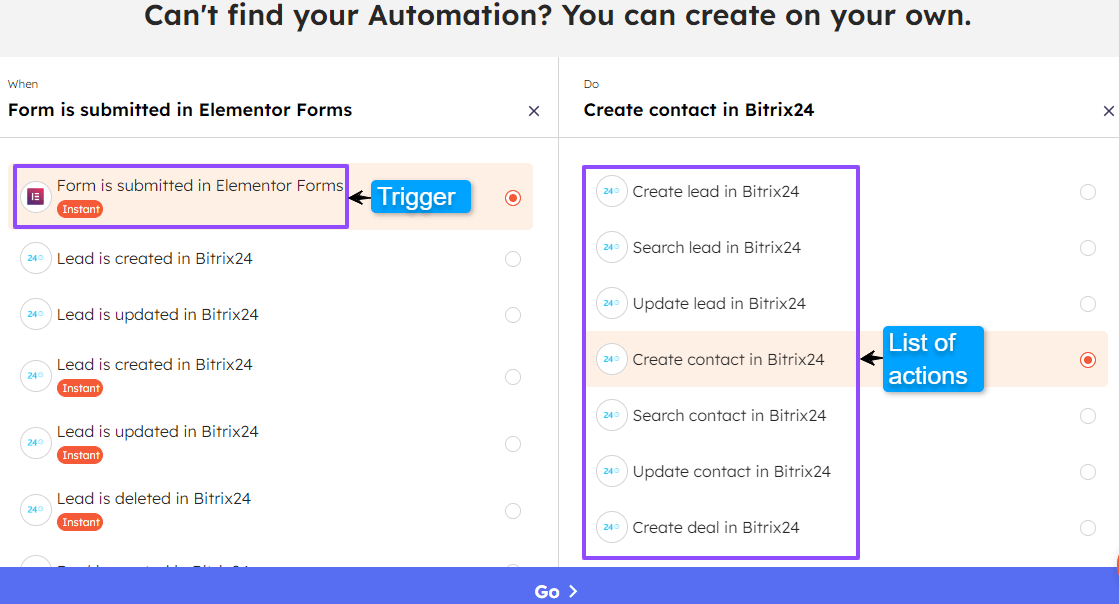 List of trigger and actions to build custom automation for Elementor Forms & Bitrix24 integration