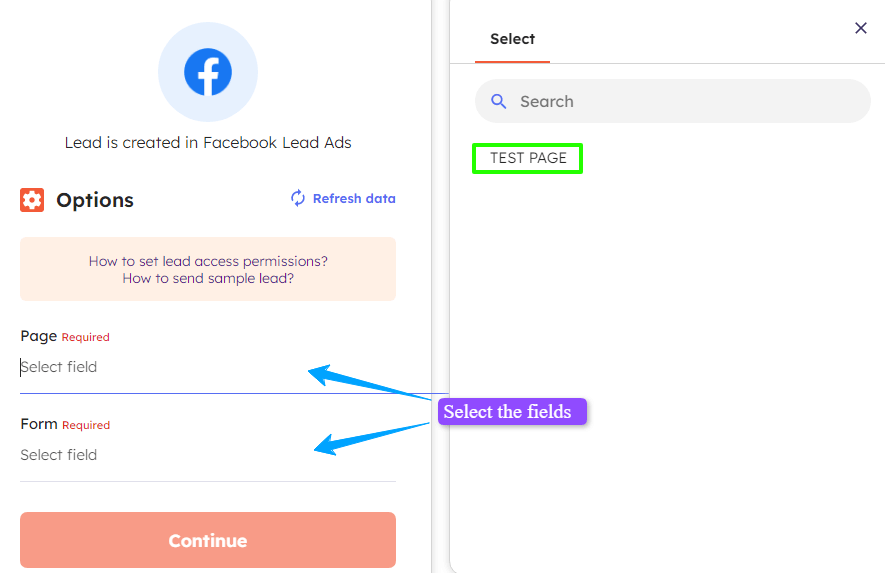 Page and Form selection for Facebook Lead Ads in Integrately