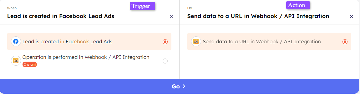 Trigger and Action page for Facebook Lead Ads + Webhook in Integrately