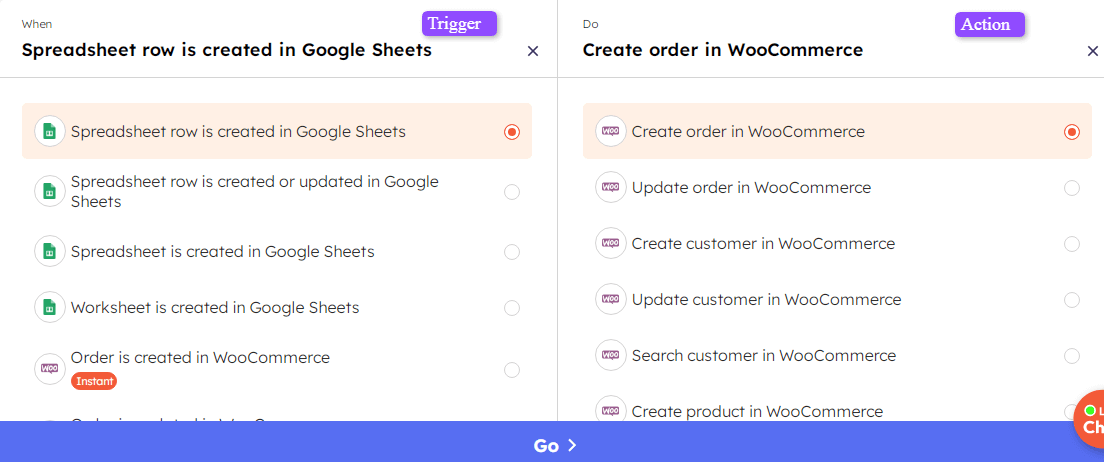 Trigger and ACtion selection for Google Sheets + WooCommerce in Integrately.