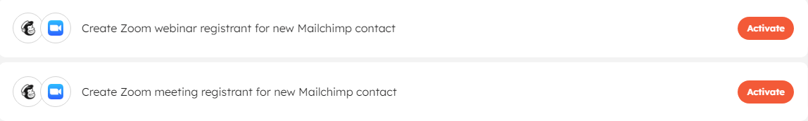 1-click automation page of Mailchimp and Zoom in Integrately