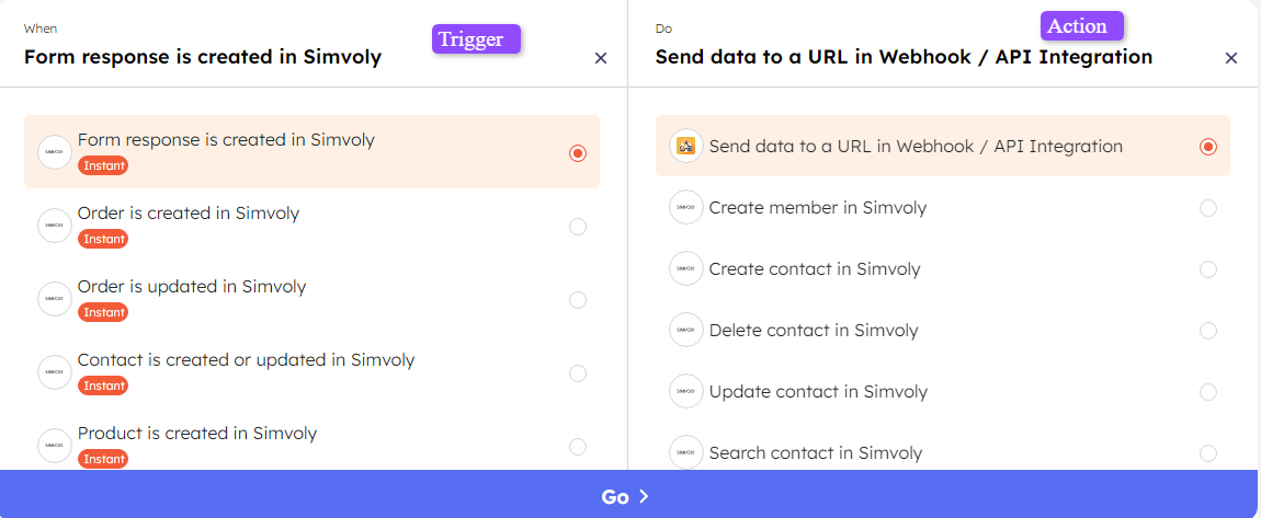 Trigger and Action for Simvoly and Webhook in Integrately