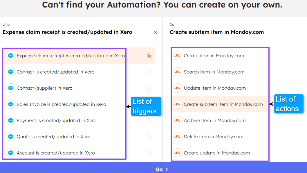 List of triggers and actions to build custom automation for Monday.com & Xero integration