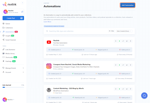Nuelink + Integrately integration, Click on Add Automation button on the top right of the screen.