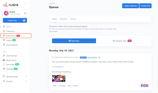 Nuelink + Integrately integration, First, click on Automations on the navigation bar on the left side of the screen.