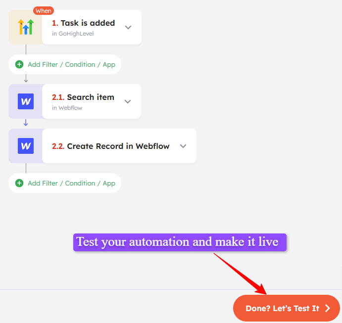 How to test GoHighlevel and Webflow integration
