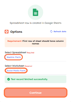 Nuelink + Integrately integration, Select Your Spreadsheet and Worksheet.