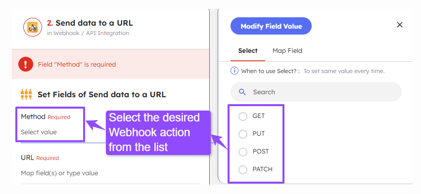 Select the desired webhook action from the list.