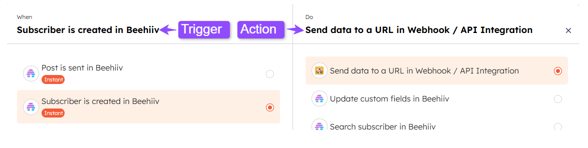 Choose your desired Trigger and Action to create an integration.