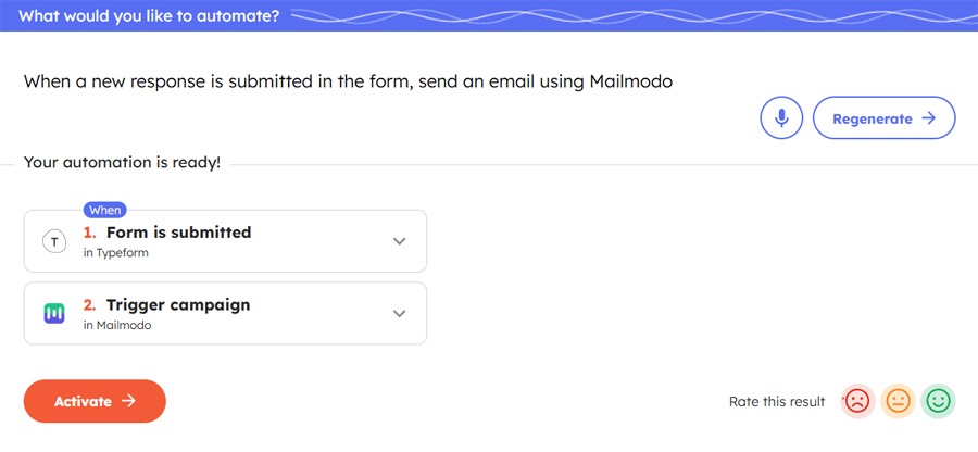 Integrately's AI automation builder showing a prompt used to set up automation for Mailmodo integration, wherein  submitting a Typeform form automatically triggers a Mailmodo email campaign—demonstrating a no-code Mailmodo integration in action
